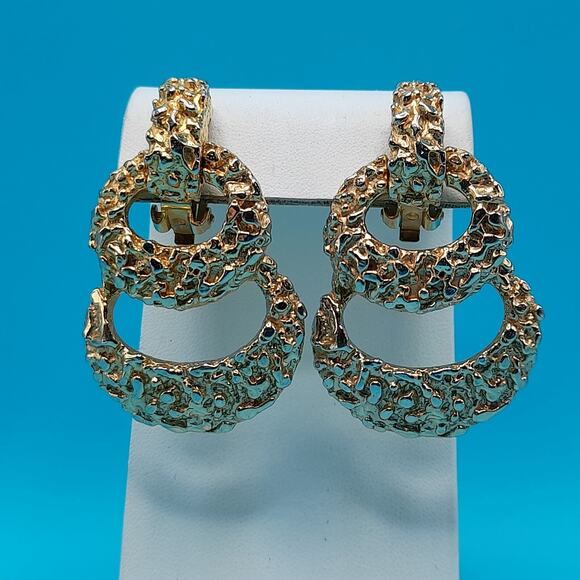 Vintage Brutalist Drop Gold Tone Earrings, Gold Nugget Style, 1980s, 2 Inches - Picture 1 of 8